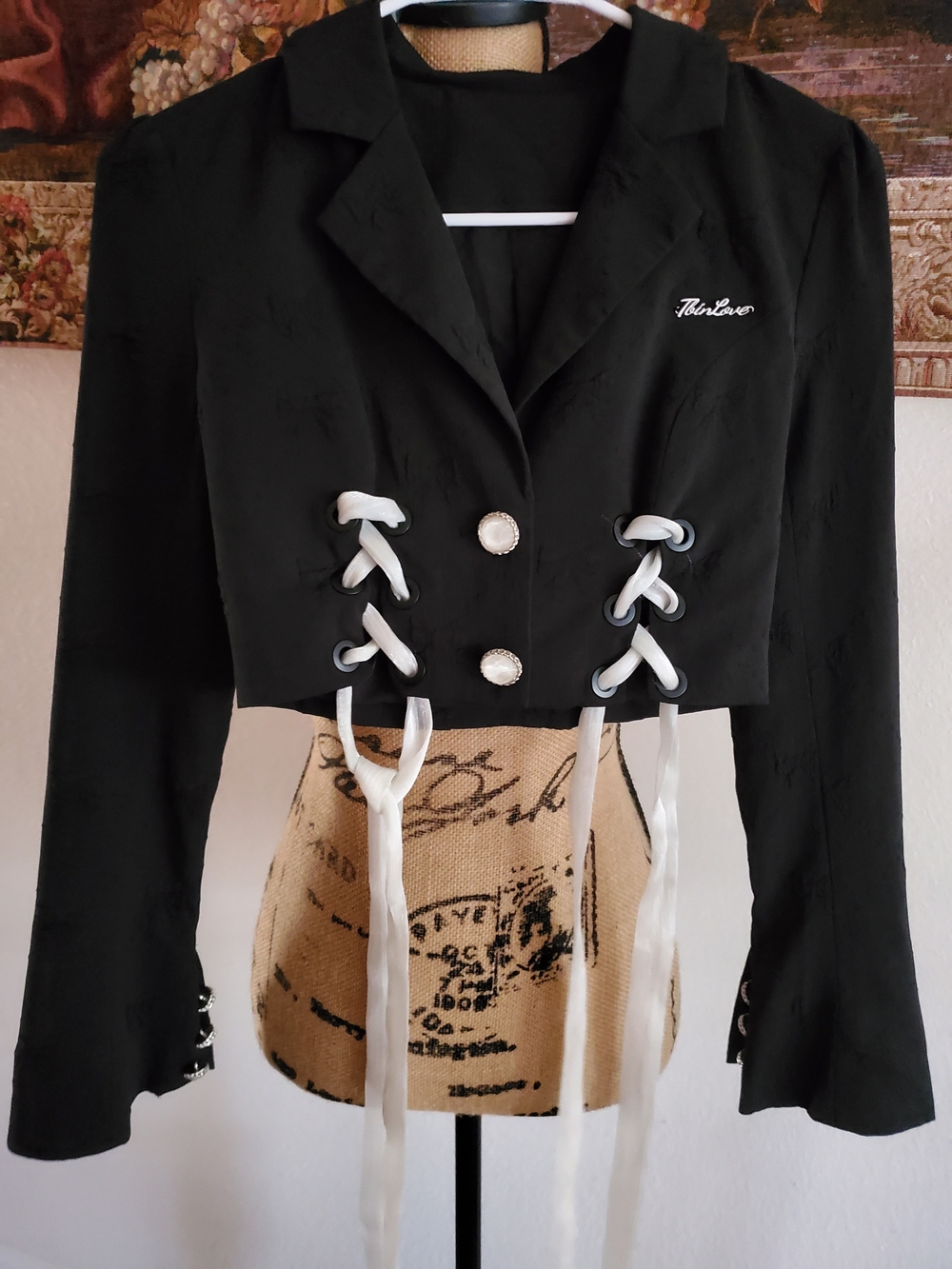 Black Cropped Lace-Up Blazer Jacket with Pearl Buttons XS
